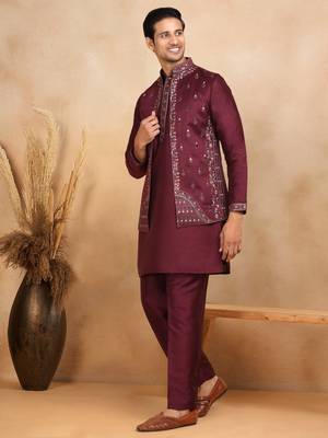 Cotton silk embroidered maroon kurta and trouser with floral embroidered wine nehru jacket 1