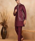 Cotton silk embroidered maroon kurta and trouser with floral embroidered wine nehru jacket