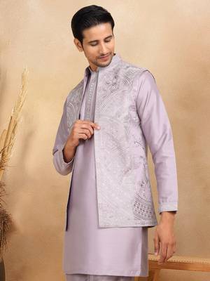 Cotton silk embroidered mauve kurta and trouser with floral embroidered mauve nehru jacket 2