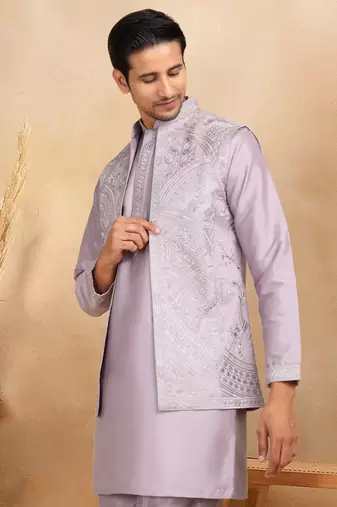 Cotton silk embroidered mauve kurta and trouser with floral embroidered mauve nehru jacket