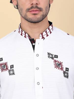 Men white ethnic motifs embroidered linen kurta 2