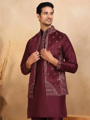 Cotton silk embroidered maroon kurta and trouser with floral embroidered wine nehru jacket 2