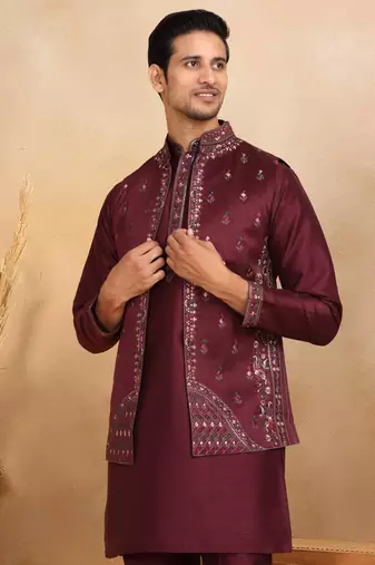 Cotton silk embroidered maroon kurta and trouser with floral embroidered wine nehru jacket