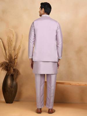 Cotton silk embroidered mauve kurta and trouser with floral embroidered mauve nehru jacket 3