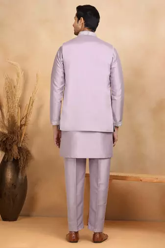 Cotton silk embroidered mauve kurta and trouser with floral embroidered mauve nehru jacket