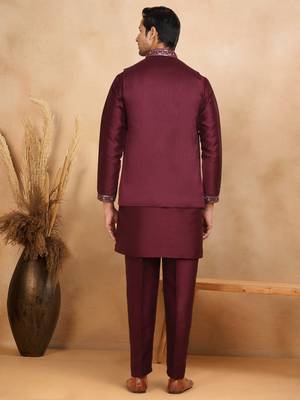 Cotton silk embroidered maroon kurta and trouser with floral embroidered wine nehru jacket 3