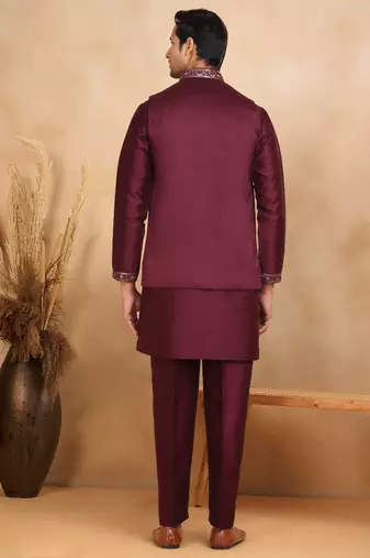 Cotton silk embroidered maroon kurta and trouser with floral embroidered wine nehru jacket