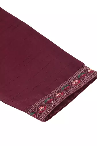 Cotton silk embroidered maroon kurta and trouser with floral embroidered wine nehru jacket