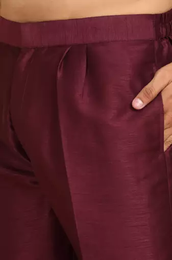Cotton silk embroidered maroon kurta and trouser with floral embroidered wine nehru jacket