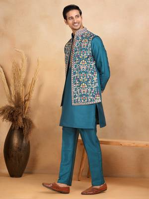 Cotton silk embroidered blue kurta and trouser with floral embroidered blue nehru jacket 1