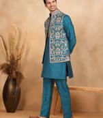 Cotton silk embroidered blue kurta and trouser with floral embroidered blue nehru jacket