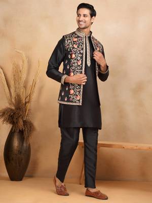 Cotton silk embroidered black kurta and trouser with floral embroidered black nehru jacket 1