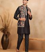 Cotton silk embroidered black kurta and trouser with floral embroidered black nehru jacket