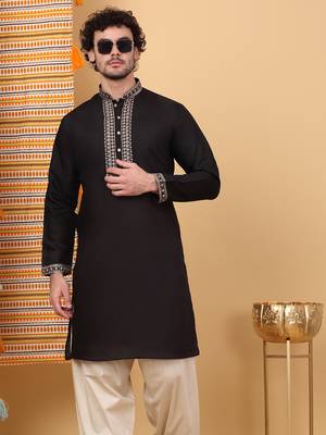Men black cotton silk ethnic motifs embroidered kurta 1