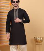 Men black cotton silk ethnic motifs embroidered kurta