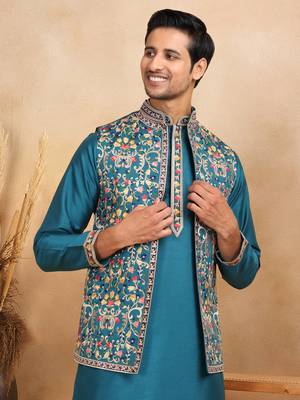 Cotton silk embroidered blue kurta and trouser with floral embroidered blue nehru jacket 2