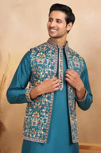 Cotton silk embroidered blue kurta and trouser with floral embroidered blue nehru jacket