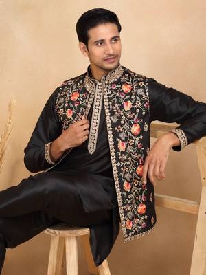 Cotton silk embroidered black kurta and trouser with floral embroidered black nehru jacket 2