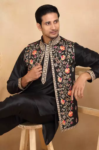 Cotton silk embroidered black kurta and trouser with floral embroidered black nehru jacket