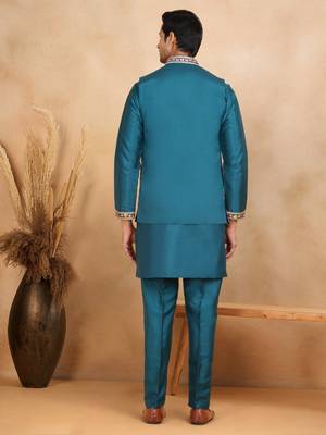 Cotton silk embroidered blue kurta and trouser with floral embroidered blue nehru jacket 3