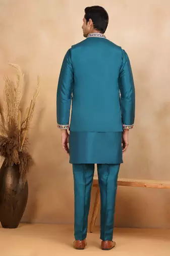 Cotton silk embroidered blue kurta and trouser with floral embroidered blue nehru jacket
