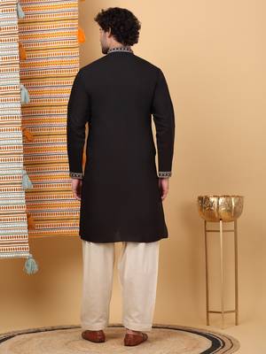 Men black cotton silk ethnic motifs embroidered kurta 3