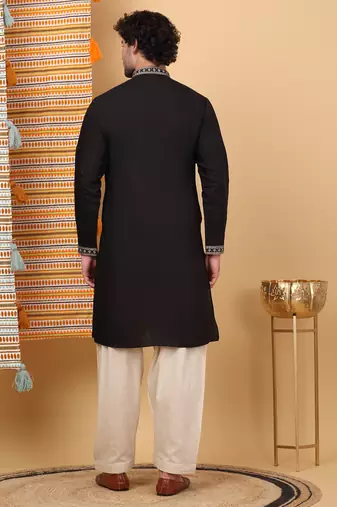 Men black cotton silk ethnic motifs embroidered kurta