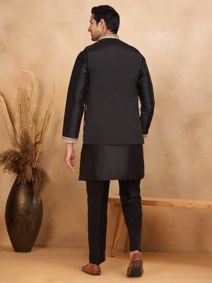 Cotton silk embroidered black kurta and trouser with floral embroidered black nehru jacket 3