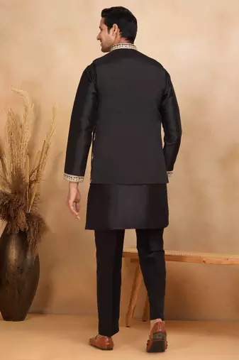 Cotton silk embroidered black kurta and trouser with floral embroidered black nehru jacket