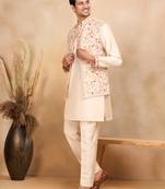 Cotton silk embroidered beige kurta and trouser with floral embroidered beige nehru jacket