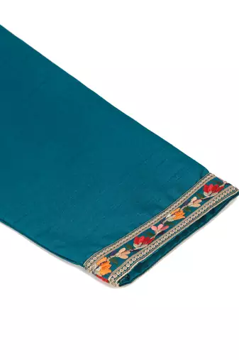 Cotton silk embroidered blue kurta and trouser with floral embroidered blue nehru jacket