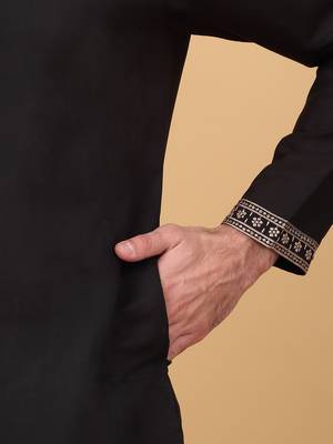 Men black cotton silk ethnic motifs embroidered kurta 4