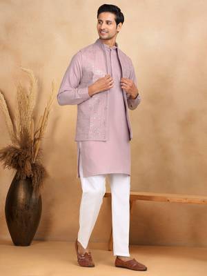 Cotton mauve kurta and trouser with embroidered mauve nehru jacket 1