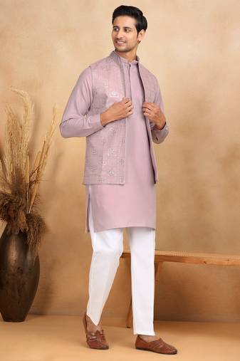 Cotton mauve kurta and trouser with embroidered mauve nehru jacket