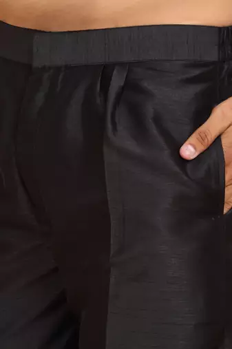 Cotton silk embroidered black kurta and trouser with floral embroidered black nehru jacket