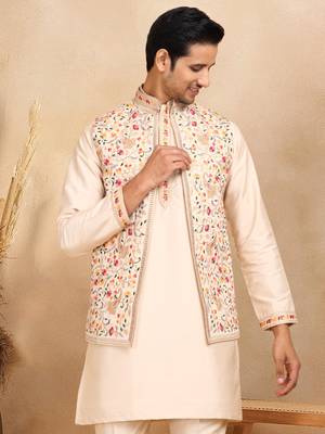 Cotton silk embroidered beige kurta and trouser with floral embroidered beige nehru jacket 2
