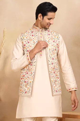 Cotton silk embroidered beige kurta and trouser with floral embroidered beige nehru jacket