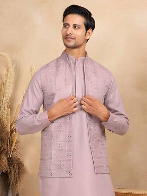 Cotton mauve kurta and trouser with embroidered mauve nehru jacket 2
