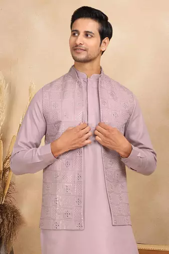 Cotton mauve kurta and trouser with embroidered mauve nehru jacket