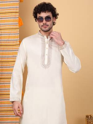 Men cream cotton silk ethnic motifs embroidered kurta 1