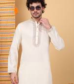 Men cream cotton silk ethnic motifs embroidered kurta