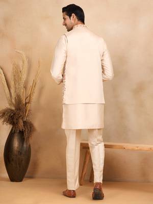 Cotton silk embroidered beige kurta and trouser with floral embroidered beige nehru jacket 3