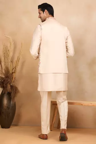 Cotton silk embroidered beige kurta and trouser with floral embroidered beige nehru jacket