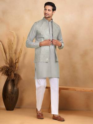 Cotton grey kurta and trouser with embroidered grey nehru jacket 1