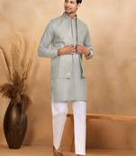 Cotton grey kurta and trouser with embroidered grey nehru jacket