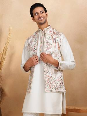 Cotton silk embroidered cream kurta and trouser with floral embroidered cream nehru jacket 2