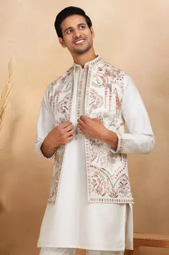 Cotton silk embroidered cream kurta and trouser with floral embroidered cream nehru jacket