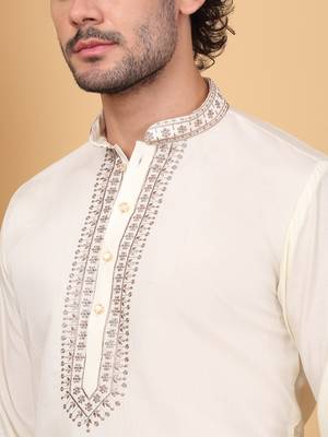 Men cream cotton silk ethnic motifs embroidered kurta 2