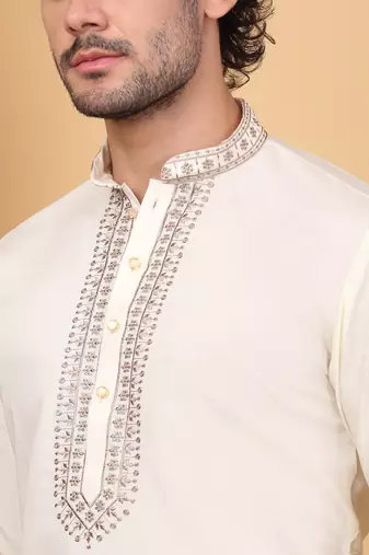 Men cream cotton silk ethnic motifs embroidered kurta