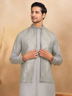 Cotton grey kurta and trouser with embroidered grey nehru jacket 2